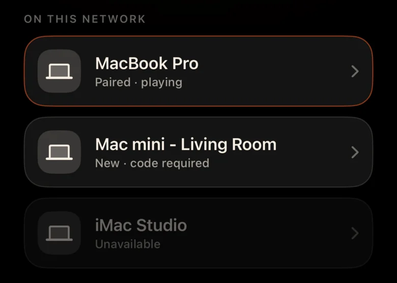 List of Macs found on the network: MacBook Pro, Mac mini, iMac Studio.