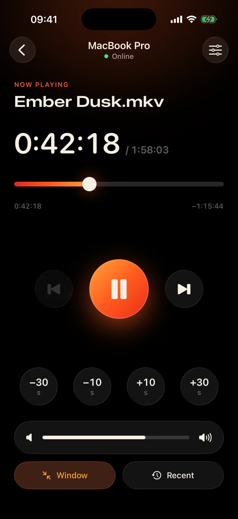 Kinrox Remote on iPhone: Ember Dusk.mkv at 0:42:18 with play, skip and volume controls.